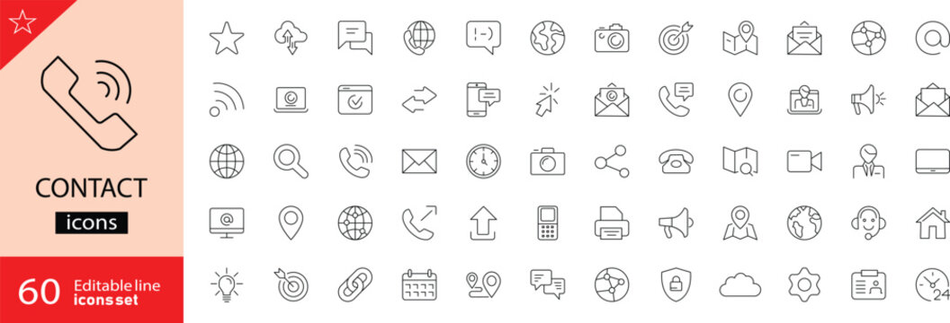 Contact related icons set. Including phone, email, address, form, connection, support, chat, message, call and communication. Editable stroke. outline icons. 