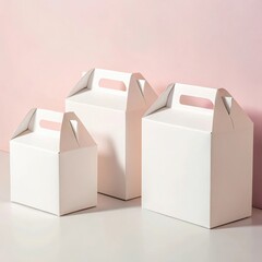 Three white gable top boxes of varying sizes arranged on a white surface with a pink background packaging