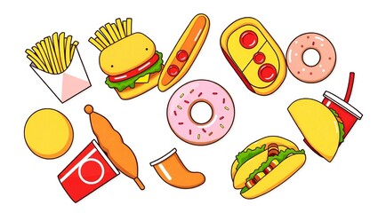 Collection of colorful hand drawn fast food items on a white background