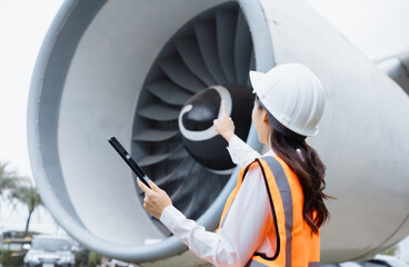An Asian woman stands confidently in front of a jet engine,wearing a safety helmet  reflective...