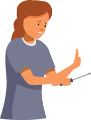 Female electrician making stop sign with hand while holding screwdriver, work safety concept