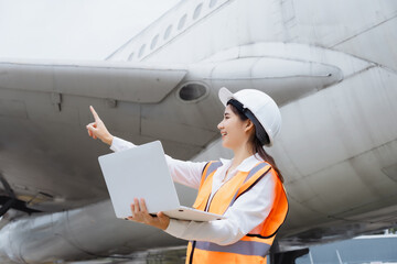 An Asian woman stands confidently in front of a jet engine,wearing a safety helmet  reflective...