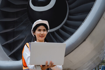 An Asian woman stands confidently in front of a jet engine,wearing a safety helmet  reflective...