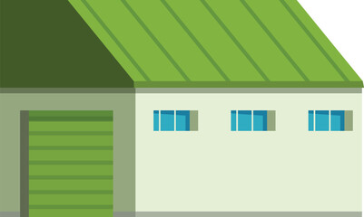 Warehouse building exterior with green roof and closed roller door, suggesting storage, industry, and logistics