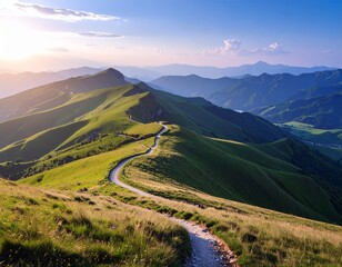 Green landscape featuring rolling grassy hills and a winding path