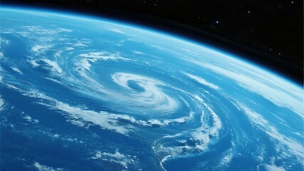 Close-Up View of Earth from Space with Vibrant Blue Oceans, Swirling White Clouds, and Star-Dotted Background, Symbolizing Planet Beauty and Environmental Awareness