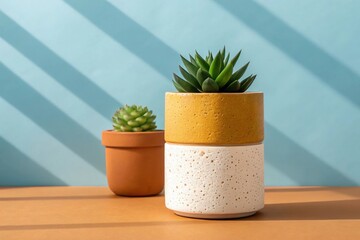 Two potted succulents on a table with blue wall and diagonal shadows potted plant ceramic pot