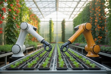 Two robotic arms in a greenhouse tending to rows of young green plants agriculture technology