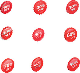 Set of Red Discount Badges and Sale Stickers from 10 to 90 Percent Off