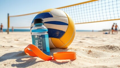 A beach volleyball and a sports drink bottle on sandy beach. A volleyball net is visible in the background. The scene captures summer sports and outdoor activities.