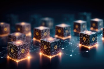 Dark, glowing cubes interconnected by a network