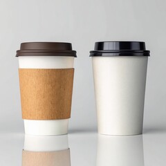 Two white disposable coffee cups with brown and black lids side by side on reflective surface disposable cup