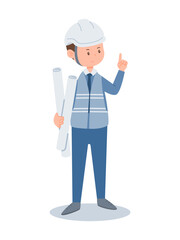 Industrial engineer in safety helmet holding blueprints and pointing up, construction planning and project management concept