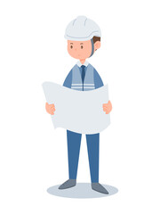 Industrial engineer in safety helmet holding blueprint, construction planning and workplace management illustration