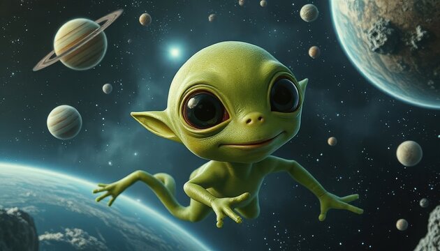 A small green alien with large black eyes floats in space among planets and stars. The scene depicts a whimsical extraterrestrial environment.