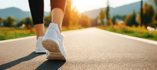Woman's feet in white sneakers walking on a paved path in a park-like setting on a sunny day