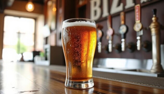 A glass of amber beer sits on a wooden bar counter. The background features beer taps and a warm, inviting atmosphere. - Powered by Adobe