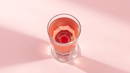 Rose-colored beverage in a crystal glass with condensation, set against a soft pastel pink gradient background.