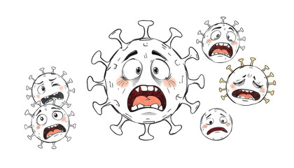 Cartoon-style virus characters with exaggerated facial expressions. Some appear scared, while others look sad. The design emphasizes the emotional impact of illness.