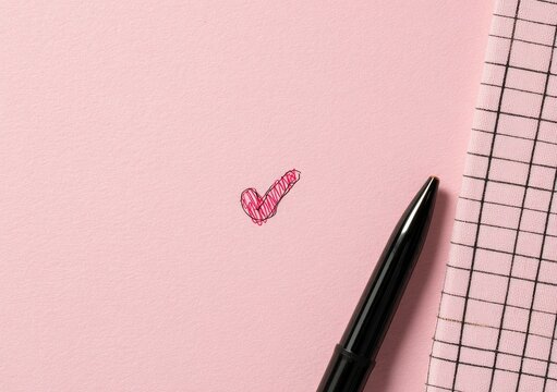 Hand-drawn checkmark on pink surface, beside pen and notebook