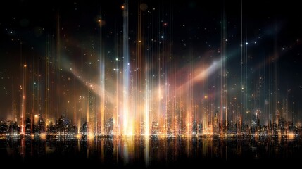 Fototapeta premium Glowing futuristic city skyline illuminated with digital light streaks and falling particles, symbolizing advanced technology, urban innovation, modern architecture, and smart city development