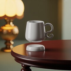 White ceramic mug levitating above saucer on dark wood table with golden lamp white mug floating