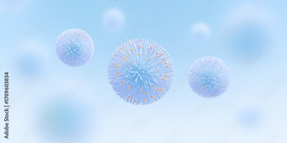 Poster abstract illustration of floating spherical shapes in soft blue tones, representing microscopic orga