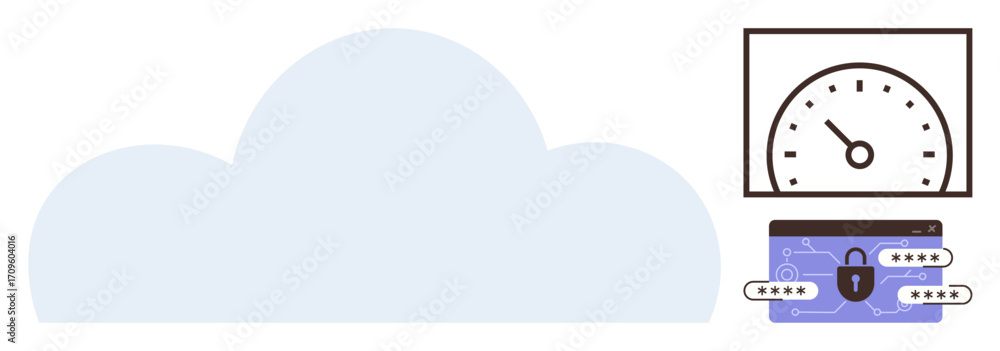 Aufkleber cloud graphic with a speed meter and locked file representing fast and secure cloud storage. ideal f