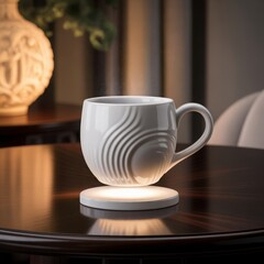 White ceramic mug with swirling pattern levitating above illuminated coaster on dark wood table image