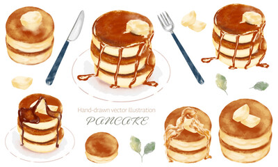 水彩で描いたパンケーキのイラスト素材セット