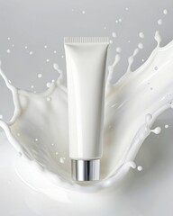 White cosmetic tube emerging from a splash of milk with droplets white tube cosmetic cream