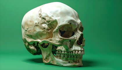 A detailed anatomical human skull model stands prominently against a vivid green backdrop, representing both scientific study and the profound concept of mortality