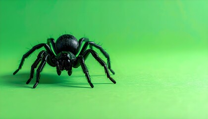 A realistic black spider with vibrant green accents posed against a plain green background, creating a striking contrast