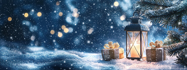 A lantern with warm light and a gift box near a Christmas tree on a snowy floor, a dark background with copy space — a creative winter composition for banners and cards