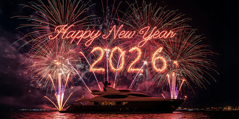 Fireworks Over Yacht with 2026 Message