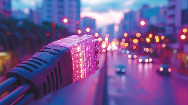 Fiber Optic Cable in City at Dusk - Powered by Adobe