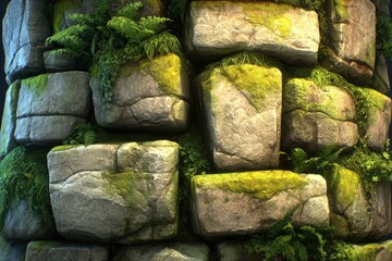Stone wall covered in moss and plants