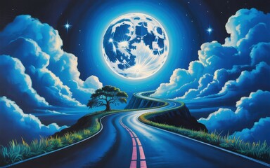 Winding road under a luminous full moon and dramatic clouds at night image