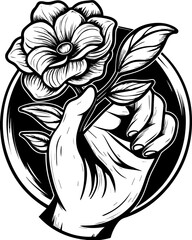 SVG tattoo for Gen Z  design inspired by traditional Japanese Irezumi (Wabori) style. Hand Holding a Flower in Minimalist Black and White Design Art