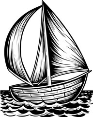 SVG tattoo for Gen Z  design inspired by traditional Japanese Irezumi (Wabori) style. Vintage Sailing Boat with Billowing Sail on Ocean Waves in Black and White