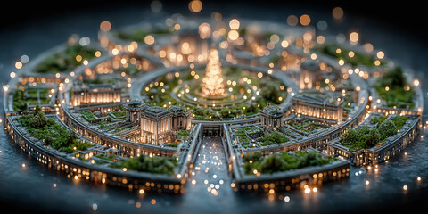 Glowing miniature city, an aerial concept of sustainable urban design. Intricate circular green spaces and illuminated buildings create a harmonious, futuristic community model