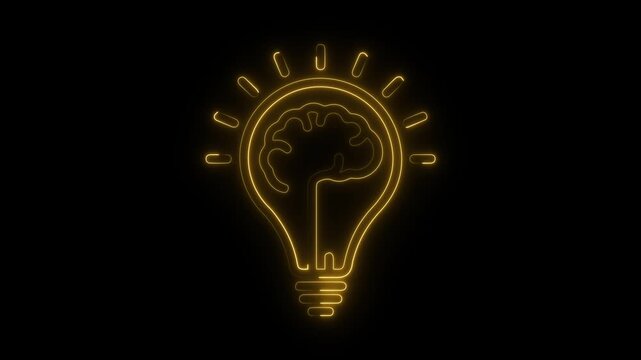 Neon brain lightbulb. Yellow idea symbol. Glowing mind icon. Radiant thought art. Black background vector. Creative genius logo. Innovation light design. Intelligent spark emblem. Futuristic brain.
