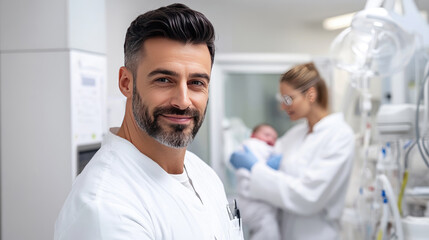 doctor after childbirth surgery with nurse holding newborn baby in hospital room