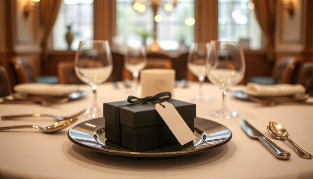 A beautifully set dining table with elegant glassware and cutlery. A black gift box with a tag is placed on a silver plate, creating a festive atmosphere.