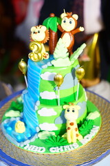 Table set for birthday party animal designs, birthday cake with zoo theme