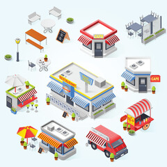 Isometric Style Various Building Detail, Restaurant and Cafe Building Illustration Design