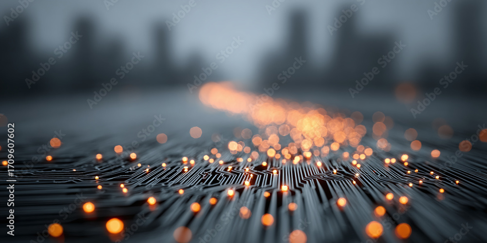 Poster futuristic path of glowing orange data streams flowing on a circuit board towards a modern cityscape