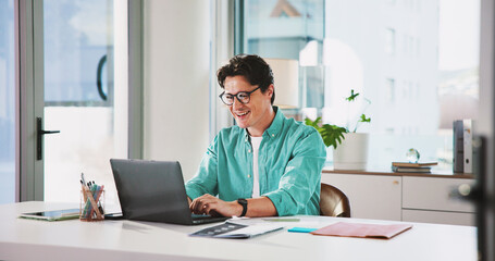 Fototapeta premium Laptop, typing and smile with business man in office for magazine subscription, client survey and research. Engagement tracking, newsletter poll and editor proposal with person in media agency