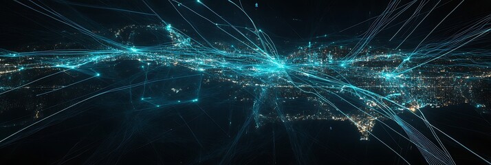 Global commerce data visualization with cyan glowing lines and logistic hubs map