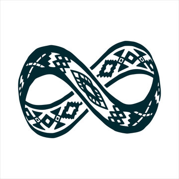 M&eacute;tis Infinity Symbol with Sash Pattern Design Louis Riel Day MB Infinity symbol woven with M&eacute;tis sash patterns in ochre red